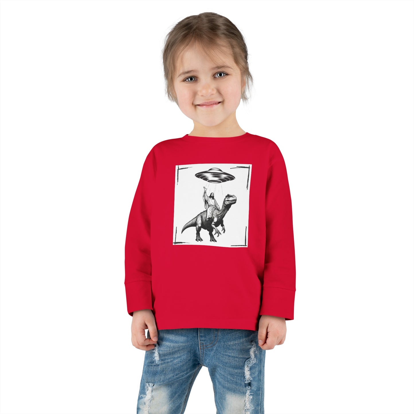 JESUS RIDING DINOSAUR UFO ONVI Toddler Long Sleeve Tee