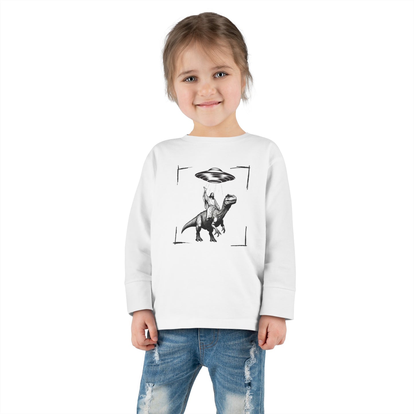 JESUS RIDING DINOSAUR UFO ONVI Toddler Long Sleeve Tee