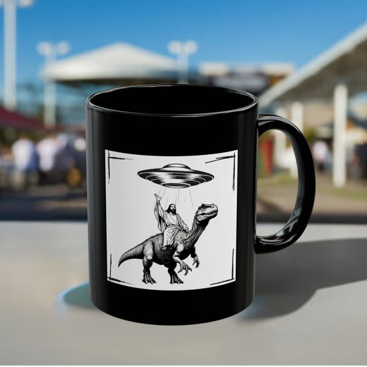 JESUS DINOSAUR UFO Black Mug (11oz, 15oz)