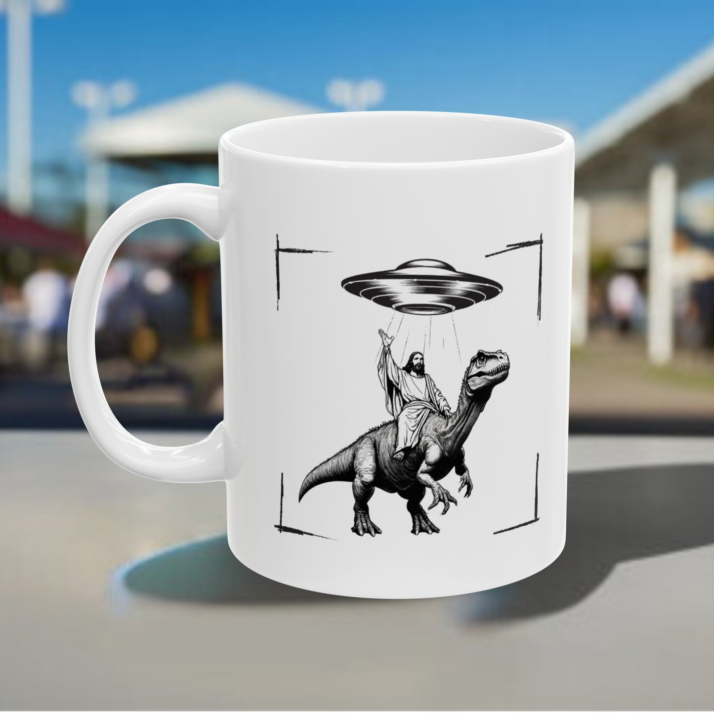 JESUS DINOSAUR UFO Ceramic Mug, (11oz, 15oz)