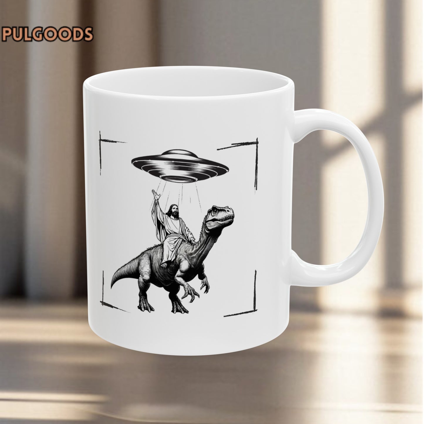 JESUS DINOSAUR UFO Ceramic Mug, (11oz, 15oz)